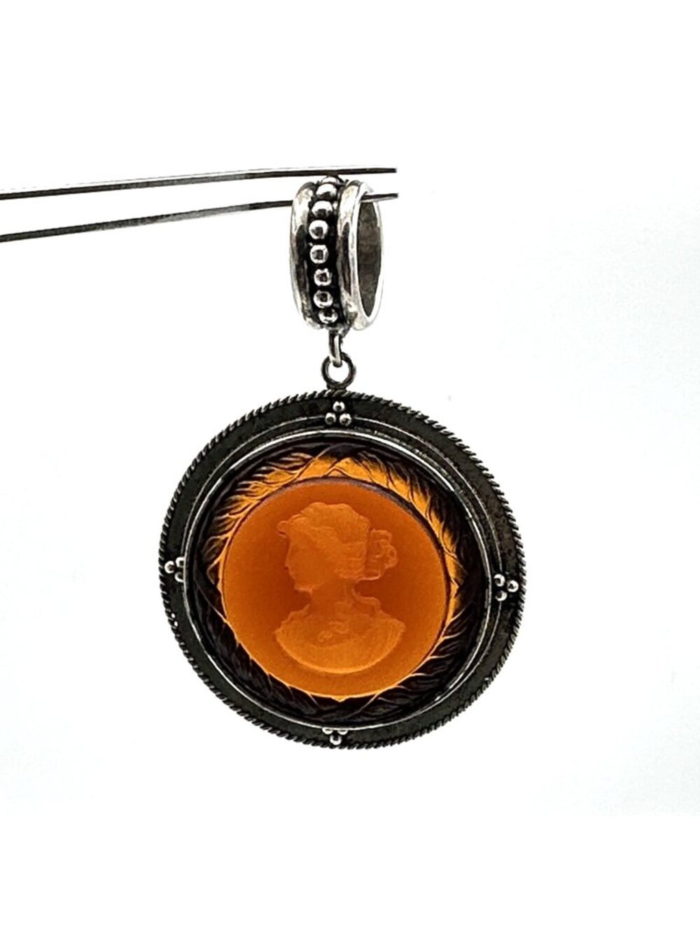 EXTASIA intaglio pendant hand-pressed amber glass left-facing cameo silver-tone